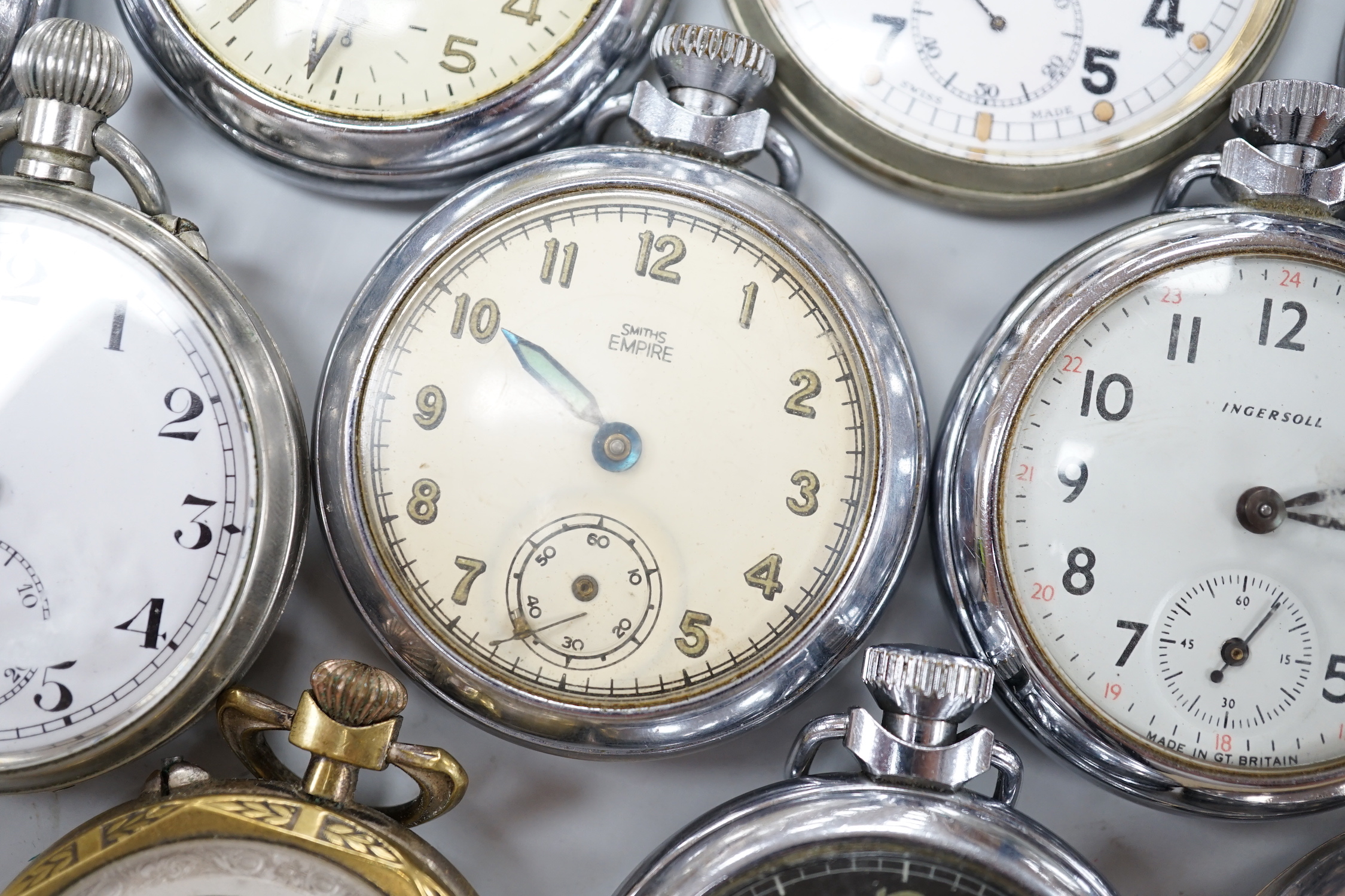 Ten assorted base metal pocket watches including Frenca, Smiths and gun metal.